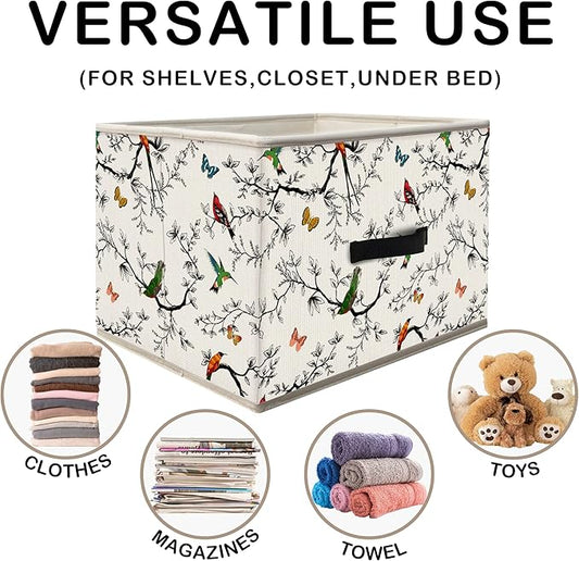 Nogrit Nature Bird Butterfly Storage Bins Box, Toybox for Girls, Colorful Branch Birds Foldable Baskets Organizer Container with Handles for Kids Girls Bedroom Bathroom Clothes Toys Books