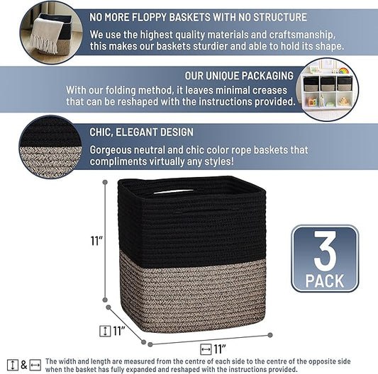 NaturalCozy Storage Cubes 11 Inch Cotton Rope Woven Baskets for Organizing, 3-Pack | Cube Storage Bin | Square Storage Baskets for Shelves Organizer, Classroom, Kids Toy Bins, Closet, Baby Nursery