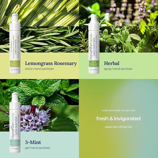Fresh & Invigorated Variety 3pk Hand Sanitizer | Lemongrass Rosemary Lotion, 3-Mint Gel, Herbal Spray | Travel Size | Made with Aloe Vera & Essential Oils | Rich in Vitamin E | Hydrate & Cleanse