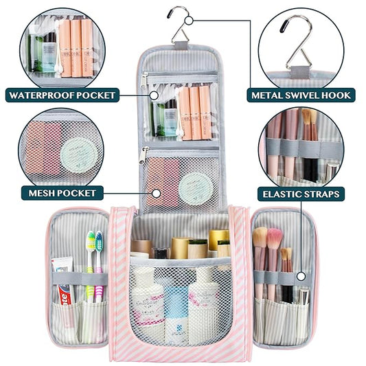 PAVILIA Toiletry Bag Travel Bag for Women Men, Hanging Cosmetic Organizer, Water Resistant Makeup Bag for Accessories Toiletries, Large Travel Essentials Kit (Pink Stripe)