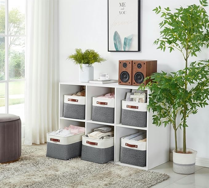 DECOMOMO Storage Baskets for Shelves - Fabric Storage Bins, Linen Closet Organizers and Storage (Slate Grey & White, Large - 4 Pack)