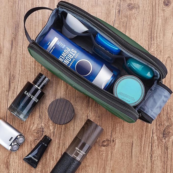 ZEEMO Travel Toiletry Bag for Men, Medium Water-Resistant Double-Sided Full-Open Dopp Kit, Versatile Organizer for Shower and Hygiene Accessories, Bathroom Essentials, Cosmetics, Green