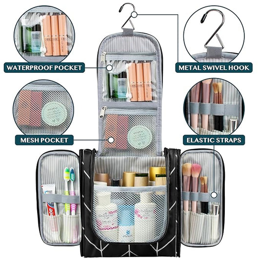 PAVILIA Toiletry Bag Travel Bag for Women Men, Hanging Cosmetic Organizer, Water Resistant Makeup Bag for Accessories Toiletries, Large Travel Essentials Kit (Black Chevron)