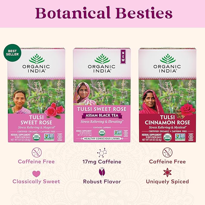 Organic India Tulsi Sweet Rose Herbal Tea - Holy Basil Leaf, African Basil, Chamomilie, Lemon Myrtle, Stress Relieving, Immune Support, USDA Certified Organic, Caffeine-Free - 18 Infusion Bags, 6 Pack