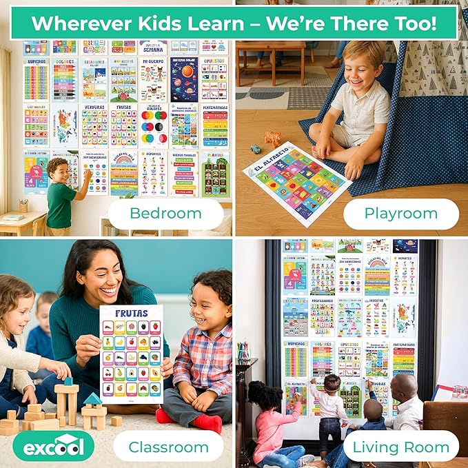 EXCOOL CLUB 32 Spanish Classroom Posters For Elementary - Colorful Bilingual Educational Posters For Toddlers 1-3, Laminated Learning Poster Preschool Must Haves, Abecedario Para Niños En Español