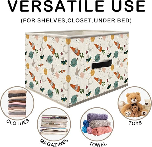Nogrit Outer Space Carrot Rabbit Storage Bins Box, Toybox for Boys Girls, Cosmic Cute Bunny Foldable Baskets Organizer Container with Handles for Bedroom Bathroom Kids Nursery Clothes Toys Books