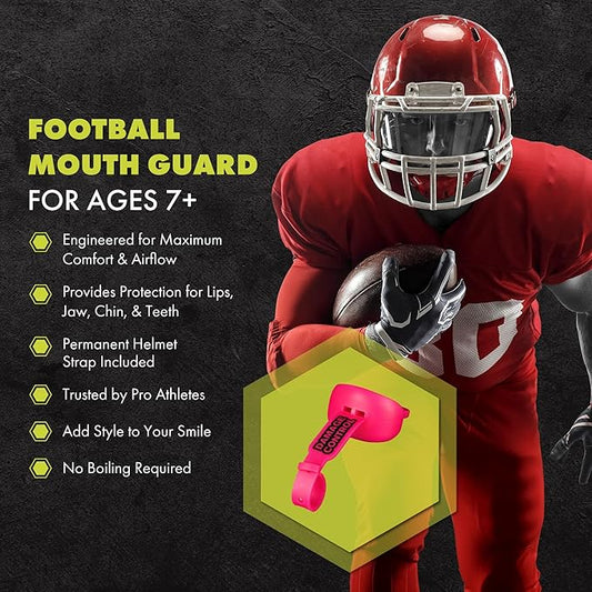 DAMAGE CONTROL Mouthguard with Permanent Helmet Strap, Youth Mouth Guard to Protect Lips & Teeth, No Boiling Pacifier, Breathable Binky Mouthpiece, Football Mouthpiece, Works with Braces (Red)