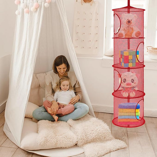 Libeder Stuffed Animal Storage Mesh Hanging Storage Space Saver Bags Organizer,Foldable Storage Organizer 4 Compartments Toy Net Storage Basket for Kids Room Bathroom 2 Sets Red