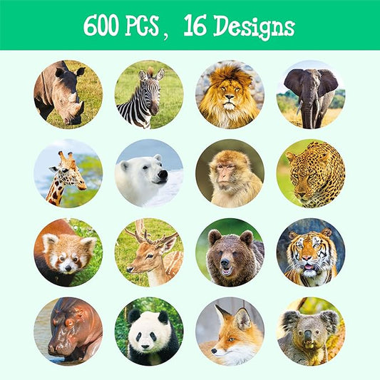 600PCS Realistic Animal Stickers, 16 Designs Jungle Animal Sticker for Kids Safari Zoo Labels with Perforated Line for Toddlers, Party Favors, Birthday Gift, Decor Supplies, Rewards (1.5" in Diameter)