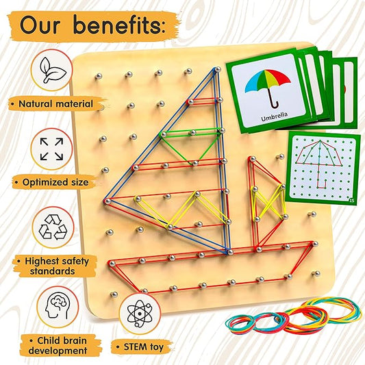 Panda Brothers Wooden Geoboard - Montessori Toys for 3 4 5 Year Old Kids and Toddlers, Educational Toy with 30 Pattern Cards and 40 Rubber Bands to Create Figures, Brain Teaser STEM Toy Geo Board