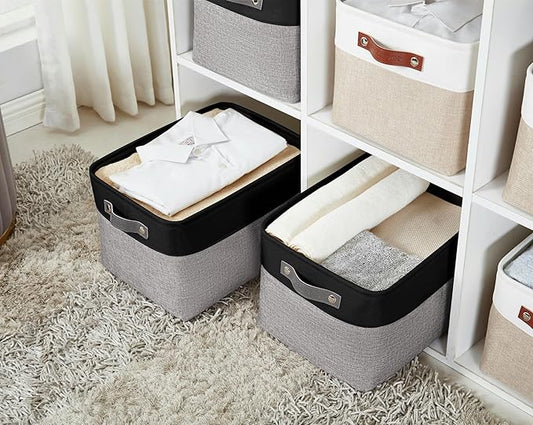 DECOMOMO Storage Baskets for Shelves - Fabric Storage Bins, Linen Closet Organizers and Storage (Grey & Black, Large - 4 Pack)