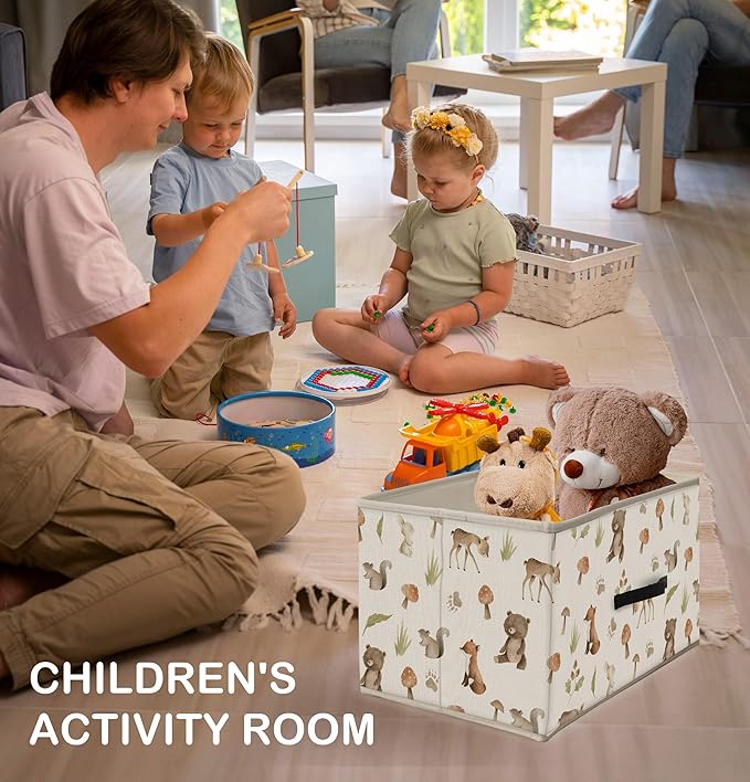 Nogrit Woodland Nursery Storage Bins Box, Toybox for Boys Girls, Forest Animal Mushroom Foldable Baskets Organizer Container with Handles for Bedroom Bathroom Kids Nursery Clothes Toys Books