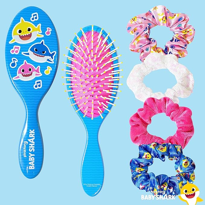Baby Shark Hair Accessory Set: 9-inch Regular Detangling Brush, 4 Elastic Hair Ties & Scrunchies for Kids