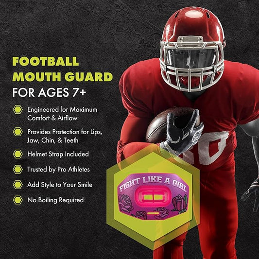 DAMAGE CONTROL Youth Football Mouth Guard – Breathable No Boil Mouthpiece, Protects Lips & Teeth, Works with Braces, Includes Helmet Strap – Sports Gear & Accessories (Fight Like Girl)