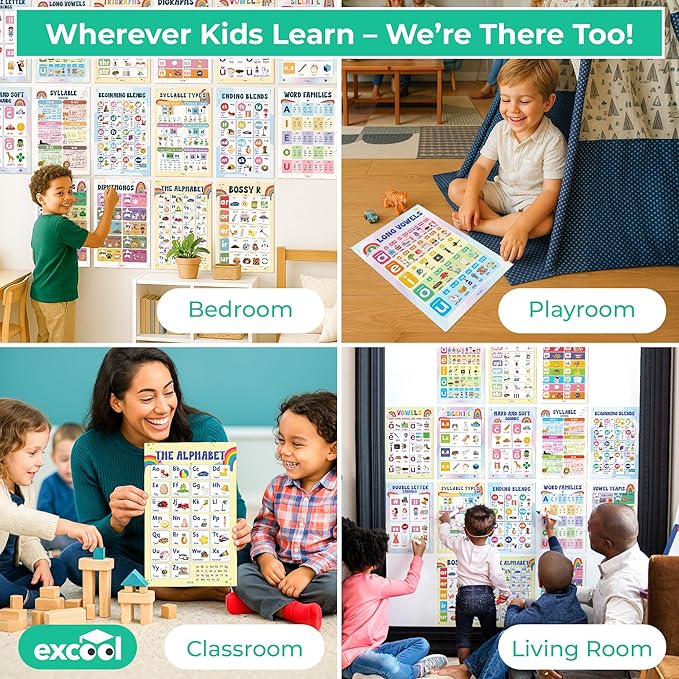 EXCOOL CLUB 16 Pcs Sound Wall Classroom Phonics Posters - Syllable Types Posters For Classroom Decor, Long And Short Vowel Chart Digraphs And Blends Poster For Kids Toddler Learning (11x17 Inch)