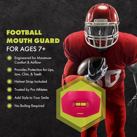 DAMAGE CONTROL Youth Football Mouth Guard – Breathable No Boil Mouthpiece, Protects Lips & Teeth, Works with Braces, Includes Helmet Strap – Sports Gear & Accessories (Hot Pink)