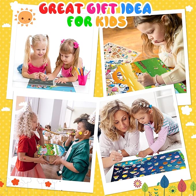 6Set Puffy Sticker Books for Kids 2-4, 3D Reusable Stickers Books for Toddlers 1-3 2-4,Farm+Animal+Dinosaurs+Ocean World+Space+Vehicle