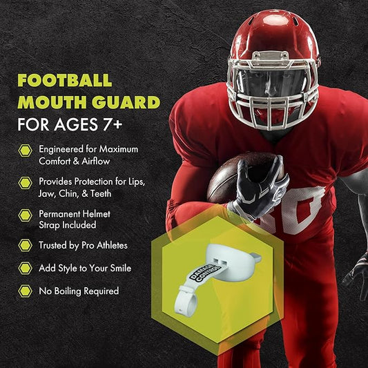 DAMAGE CONTROL Mouthguard with Permanent Helmet Strap, Youth Mouth Guard to Protect Lips & Teeth, No Boiling Pacifier, Breathable Binky Mouthpiece, Football Mouthpiece, Works with Braces (White)