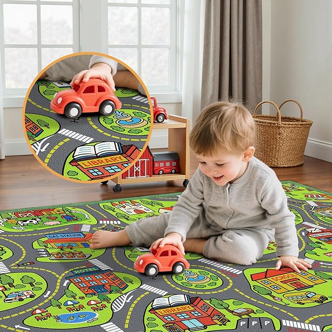 Upgrade Ultra Non Slip Kids Car Rug, Kids Road Playmat Rug for Toy Cars, Educational Town City Map Washable Carpet for Boy Playroom Bedroom, Safer Car Track Play Mat for Children Baby Toddler, 60"x36"