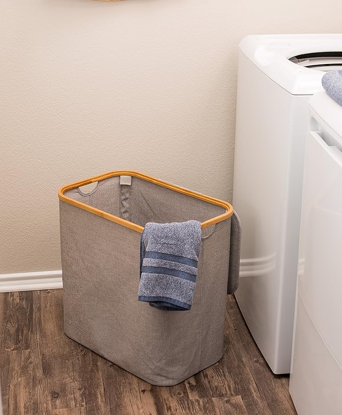 BirdRock Home Bamboo & Canvas Hamper | Single Laundry Basket with Lid | Foldable Hamper | Cut Out Handles
