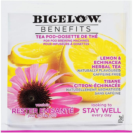 Bigelow Benefits Stay Well Lemon and Echinacea Herbal Tea Pods, 16-Count Box (Pack of 1) Caffeine-Free Individual Herbal Tisane Bags, for Hot Tea or Iced Tea