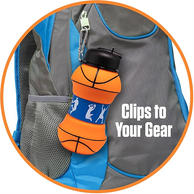 Maccabi Art Clip-On Collapsible BPA-Free Silicone Basketball Water Bottle for Kids, 18 Oz. Size
