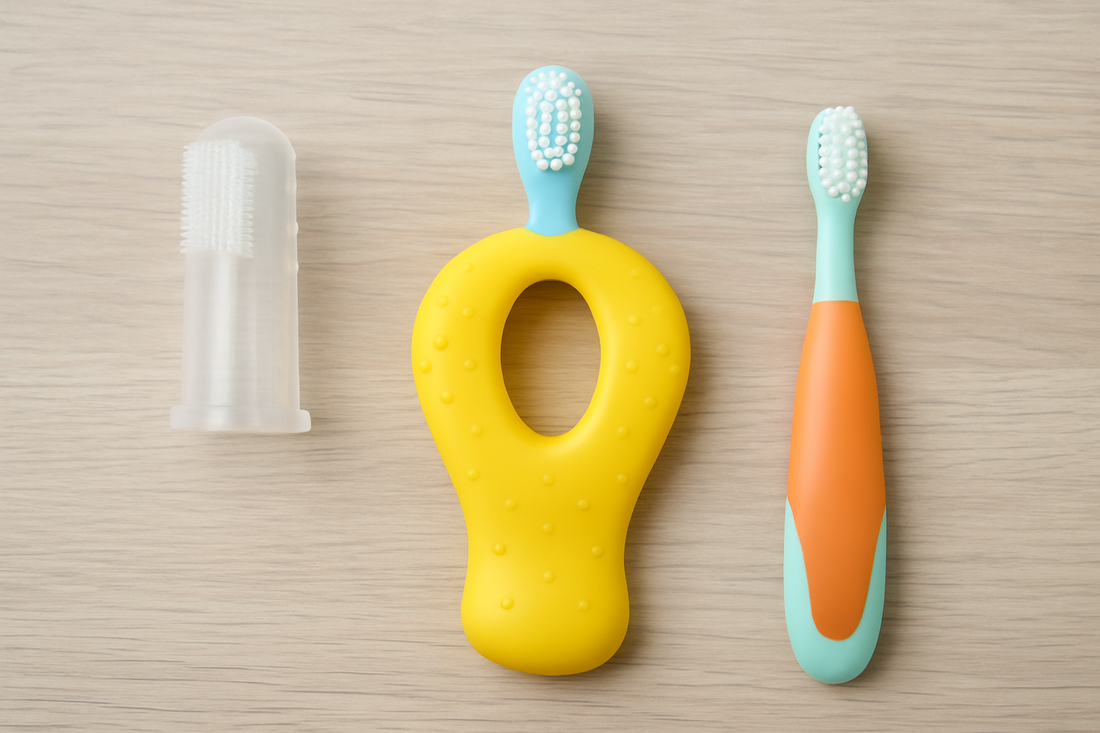 Dentora happy baby smiling while holding a small toothbrush, symbolizing the start of safe and fun infant oral care routine