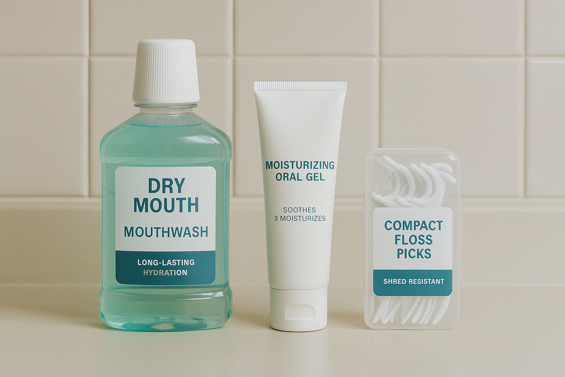 Dentora dry mouth relief solutions – alcohol-free mouthwash, moisturizing oral gel, and floss picks arranged neatly on a bathroom counter