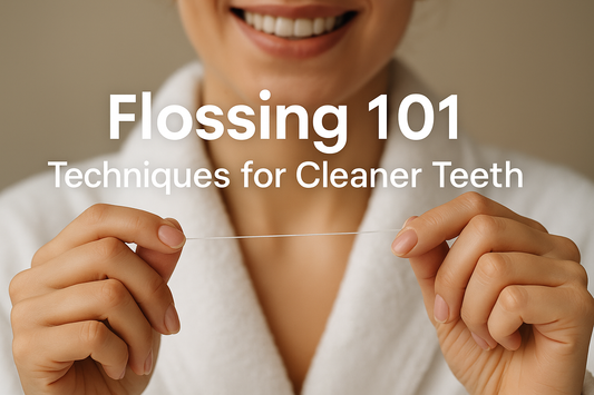 A woman holding dental floss and smiling, with the text ‘Flossing 101: Techniques for Cleaner Teeth’ overlaid on a clean, warm background