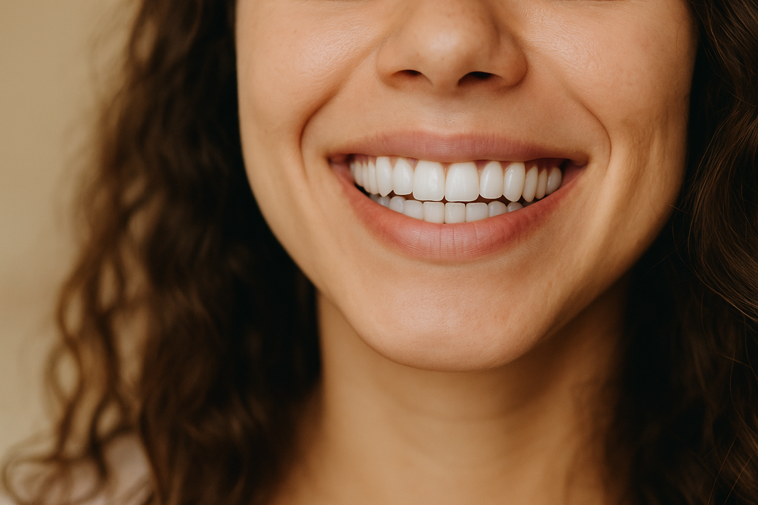 Dentora close-up of a smiling woman with bright white teeth, representing fresh breath and oral care solutions for halitosis
