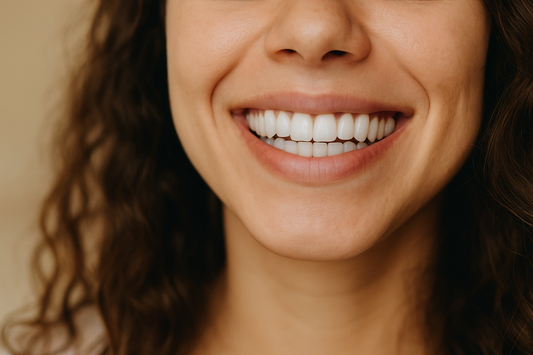 Dentora close-up of a smiling woman with bright white teeth, representing fresh breath and oral care solutions for halitosis