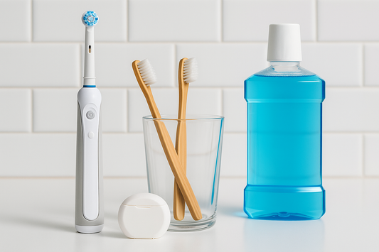 Dentora toothbrushes, dental floss, and mouthwash neatly arranged on a clean bathroom counter, symbolizing essential daily oral care habits
