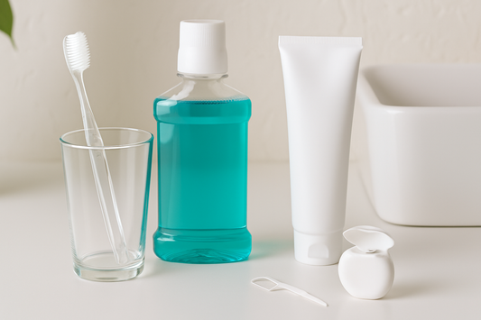 Dentora flatlay of toothbrush, toothpaste, and dental care essentials arranged aesthetically for an oral care routine blog thumbnail