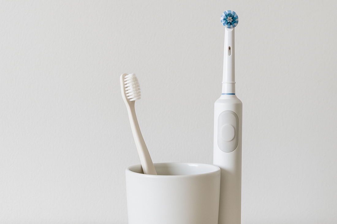 Dentora manual toothbrush and electric toothbrush placed side by side in a cup on a bathroom counter, minimalist thumbnail for toothbrush comparison