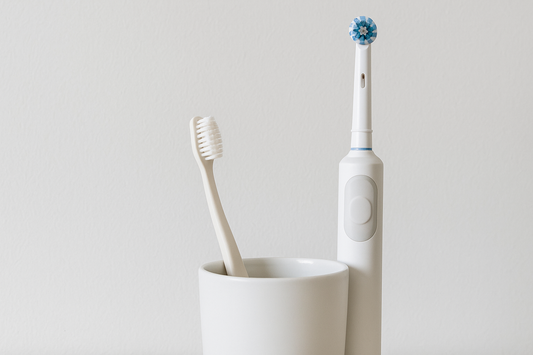 Dentora manual toothbrush and electric toothbrush placed side by side in a cup on a bathroom counter, minimalist thumbnail for toothbrush comparison