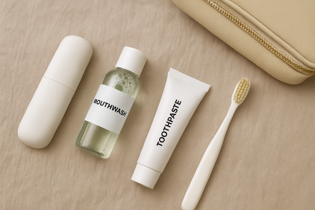 Dentora travel oral care essentials – toothbrush case, mini mouthwash, toothpaste, and manual toothbrush in a flat lay on neutral fabric background