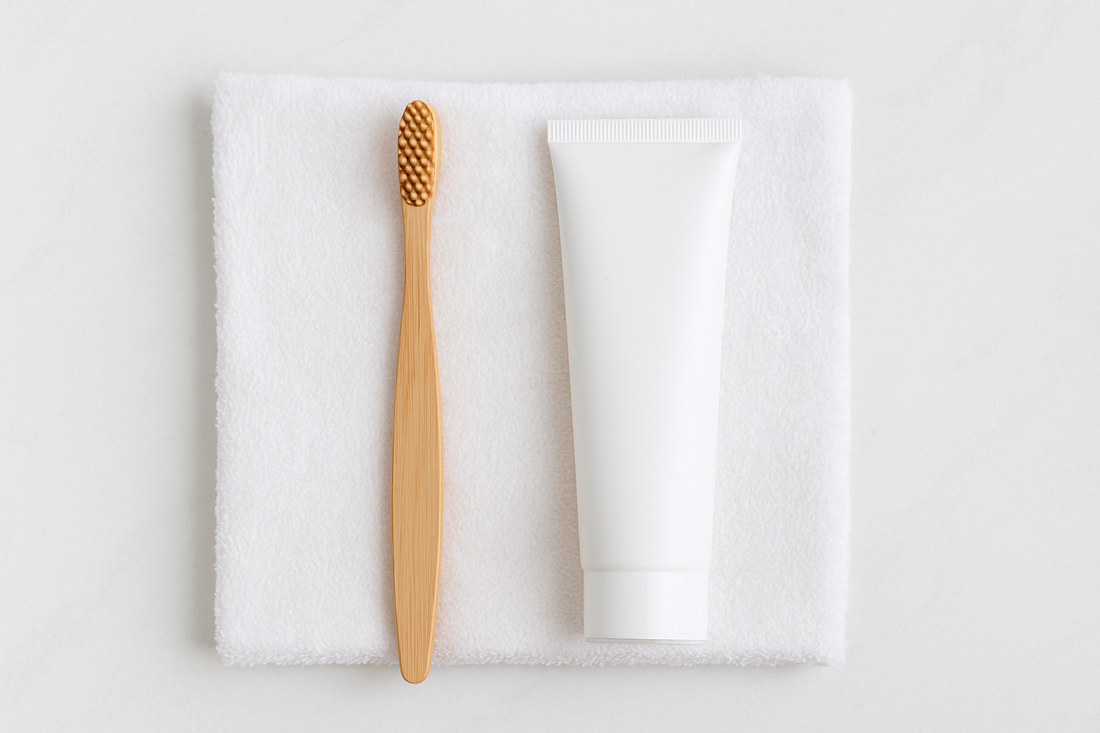 Dentora whitening toothpaste tube and bamboo toothbrush on a clean towel, symbolizing simplicity and effective daily oral care