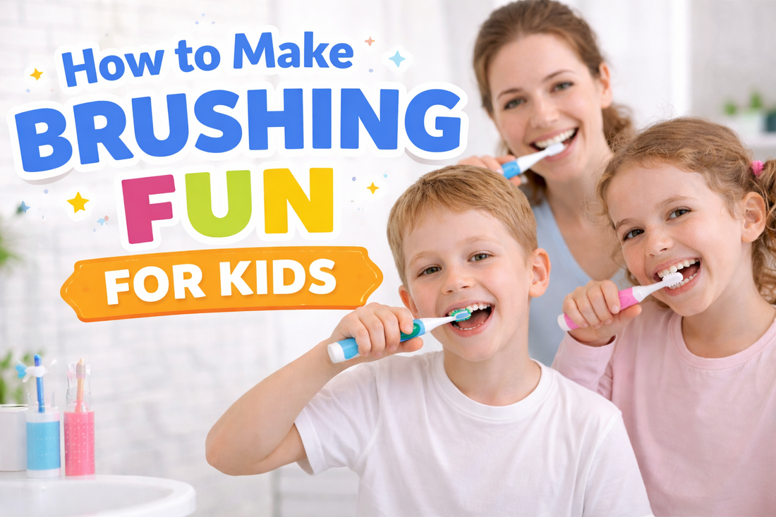 Happy children brushing their teeth with a parent in a bright bathroom, illustrating fun and positive toothbrushing habits for kids