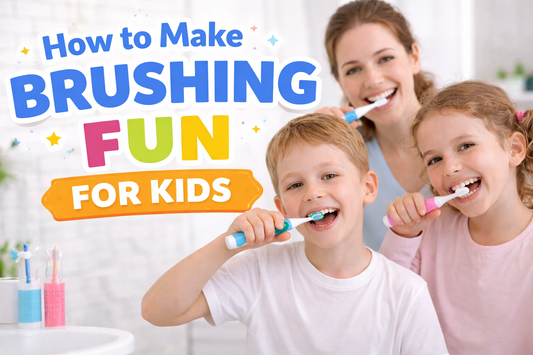 Happy children brushing their teeth with a parent in a bright bathroom, illustrating fun and positive toothbrushing habits for kids