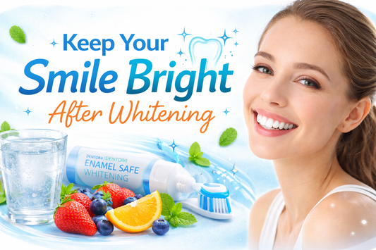 Horizontal thumbnail showing a woman with a bright white smile after teeth whitening, alongside oral care items and fresh foods that represent daily habits for maintaining long-lasting whitening results.
