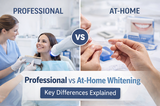 Horizontal thumbnail comparing professional in-office teeth whitening with at-home whitening strips, visually highlighting key differences in treatment setting, method, and supervision.