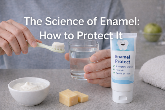 Horizontal thumbnail showing hands holding a toothbrush and water next to enamel-protecting toothpaste and calcium-rich foods, illustrating daily habits to protect tooth enamel