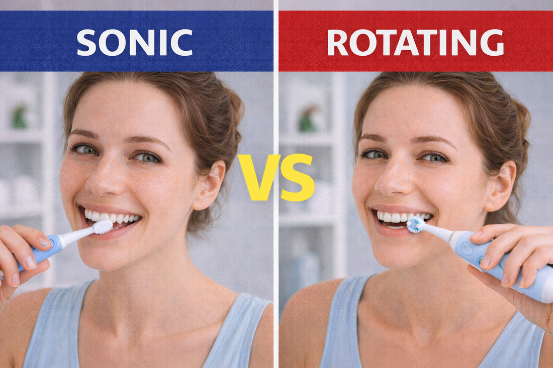 Thumbnail comparing a sonic electric toothbrush and a rotating electric toothbrush in use, highlighting differences in brushing motion and technology