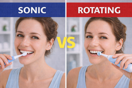 Thumbnail comparing a sonic electric toothbrush and a rotating electric toothbrush in use, highlighting differences in brushing motion and technology