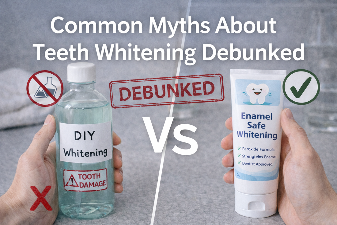 Thumbnail image comparing unsafe DIY teeth whitening myths with enamel-safe whitening practices, illustrating facts versus myths in teeth whitening