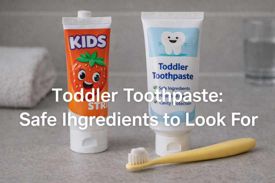 Horizontal thumbnail showing two toddler toothpaste tubes and a soft toothbrush, highlighting safe ingredients for early childhood oral care