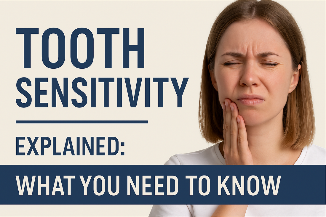 Thumbnail for an article about tooth sensitivity, featuring bold text explaining the topic and an image of a woman touching her cheek in discomfort, representing common sensitivity symptoms.