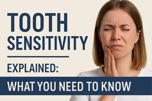 Thumbnail for an article about tooth sensitivity, featuring bold text explaining the topic and an image of a woman touching her cheek in discomfort, representing common sensitivity symptoms.