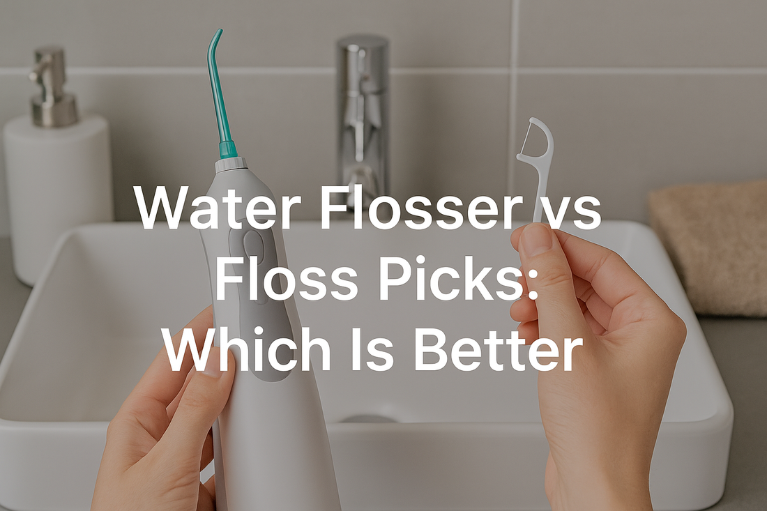 Horizontal thumbnail image comparing a water flosser and floss pick in a modern bathroom, highlighting oral care choices for daily interdental cleaning