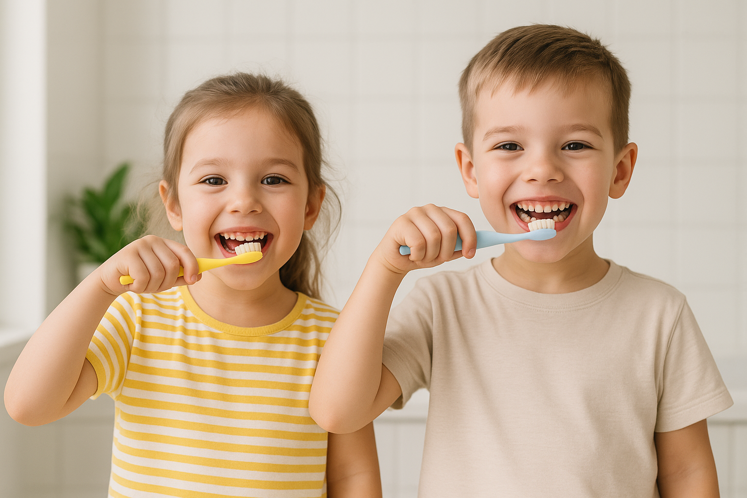 Dentora Baby Training Toothbrushes shown with playful colors and family lifestyle, including smiling children using toothbrushes